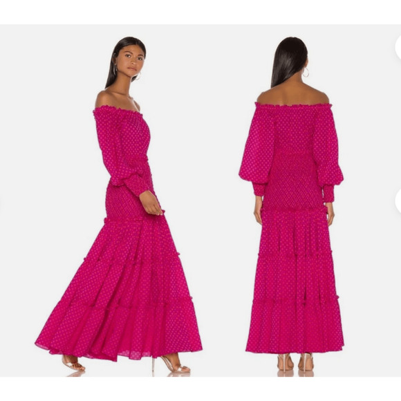 NWT Alexis Thalssa Off The Shoulder Shirred Maxi Dress Size S Fuchsia Dot #2A451 - Picture 4 of 10